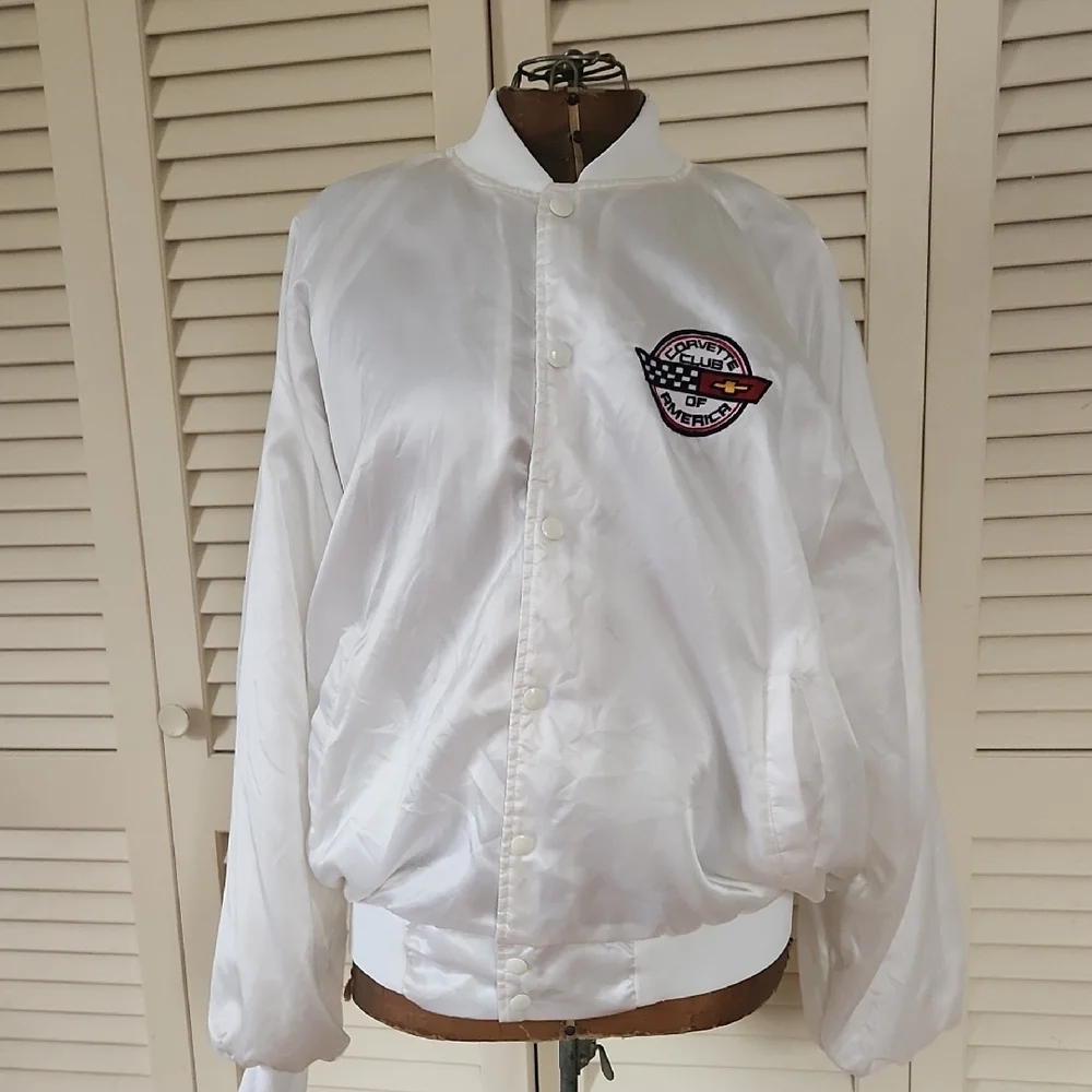 Vintage Satin 80/90s Corvette Club Of America White Satin Bomber Jacket - Picture 1 of 12